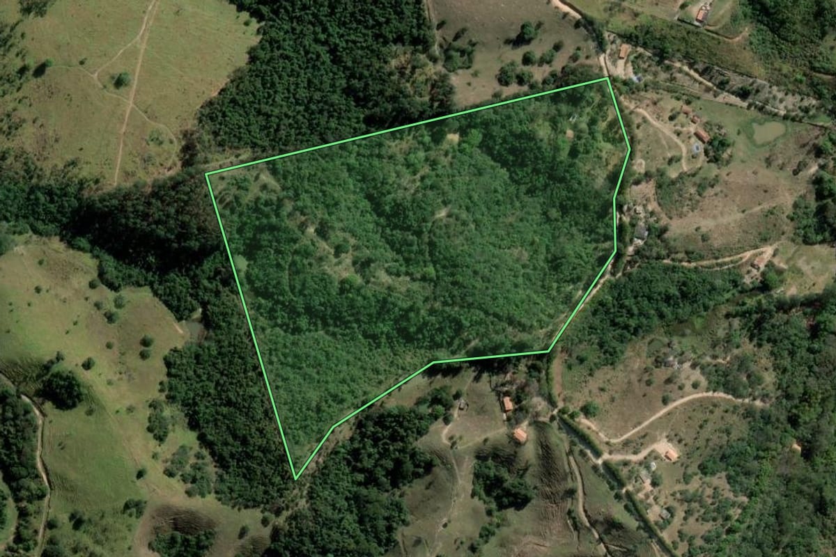Imagem de satélite do imóvel rural em Caçapava (SP), com o contorno declarado no CAR desenhado por cima.