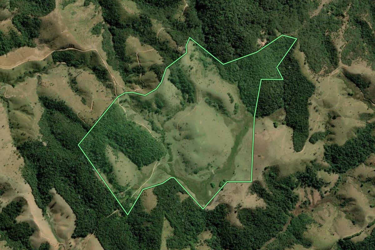 Imagem de satélite do imóvel rural em Caçapava (SP), com o contorno declarado no CAR desenhado por cima.