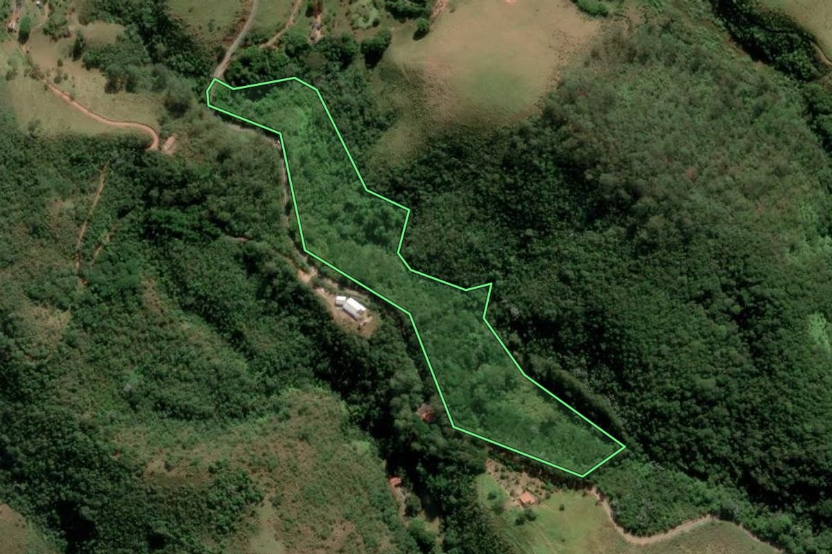 Imagem de satélite do imóvel rural em Caçapava (SP), com o contorno declarado no CAR desenhado por cima.