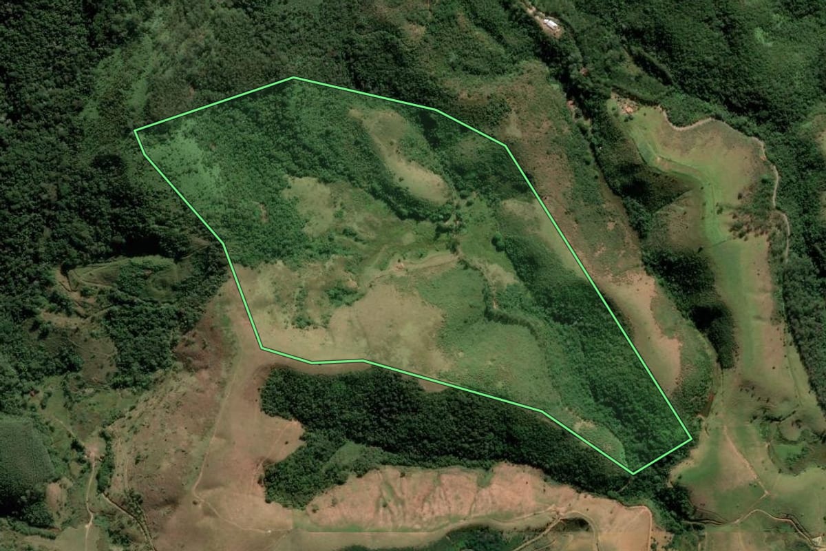 Imagem de satélite do imóvel rural em Caçapava (SP), com o contorno declarado no CAR desenhado por cima.