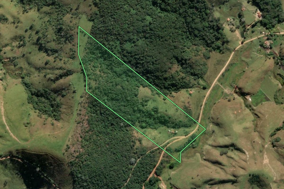 Imagem de satélite do imóvel rural em Cachoeira Paulista (SP), com o contorno declarado no CAR desenhado por cima.