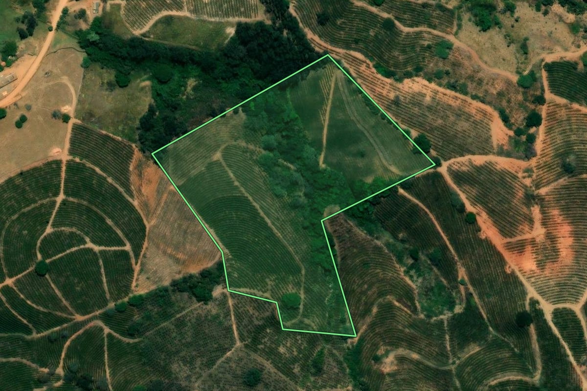 Imagem de satélite do imóvel rural em Caconde (SP), com o contorno declarado no CAR desenhado por cima.