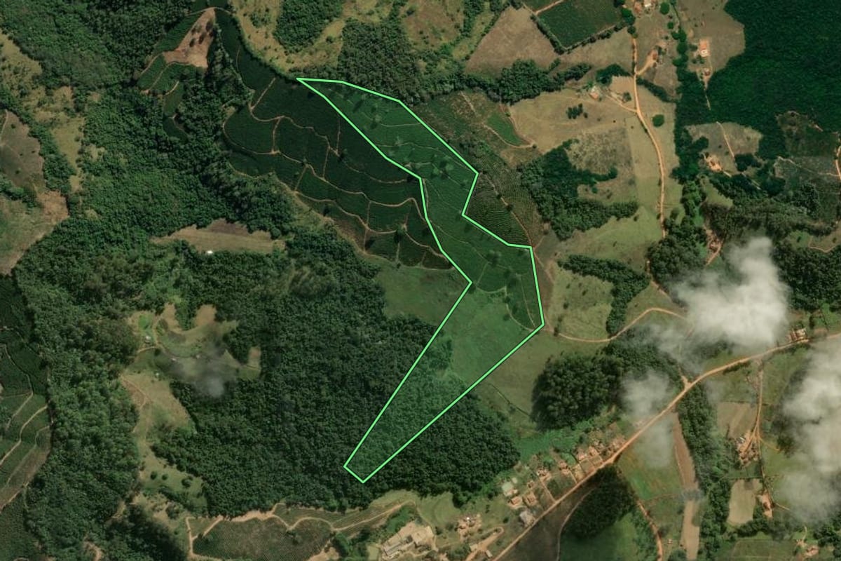 Imagem de satélite do imóvel rural em Caconde (SP), com o contorno declarado no CAR desenhado por cima.