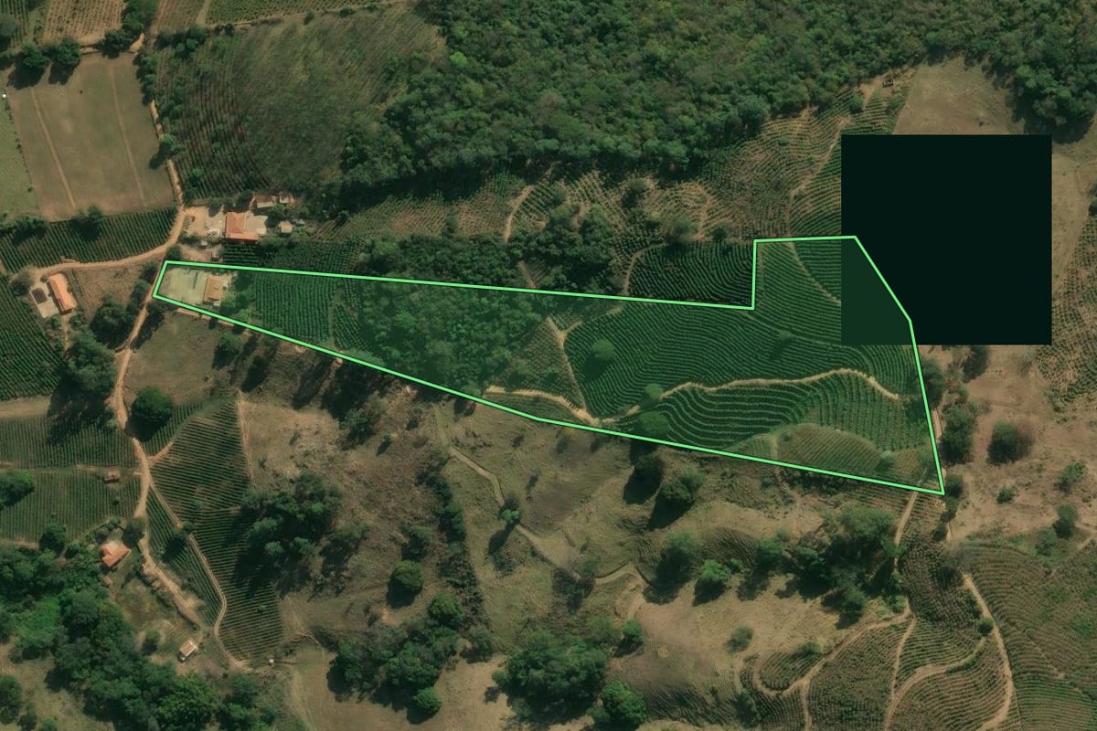 Imagem de satélite do imóvel rural em Caconde (SP), com o contorno declarado no CAR desenhado por cima.
