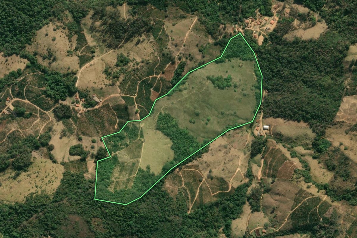Imagem de satélite do imóvel rural em Caconde (SP), com o contorno declarado no CAR desenhado por cima.