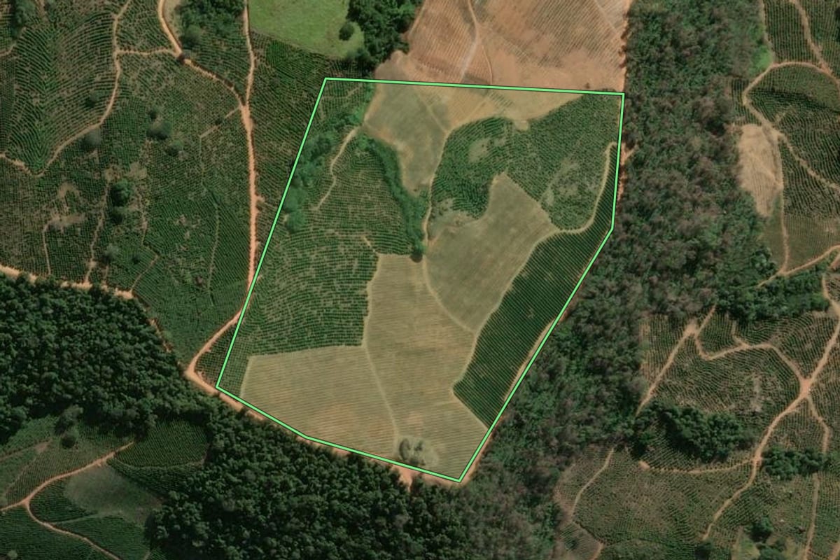 Imagem de satélite do imóvel rural em Caconde (SP), com o contorno declarado no CAR desenhado por cima.