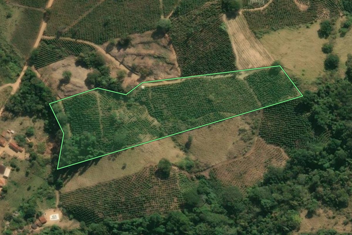 Imagem de satélite do imóvel rural em Caconde (SP), com o contorno declarado no CAR desenhado por cima.
