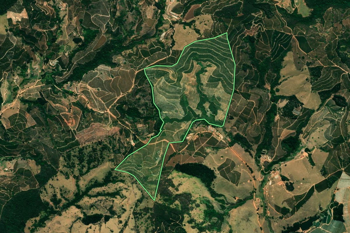 Imagem de satélite do imóvel rural em Caconde (SP), com o contorno declarado no CAR desenhado por cima.