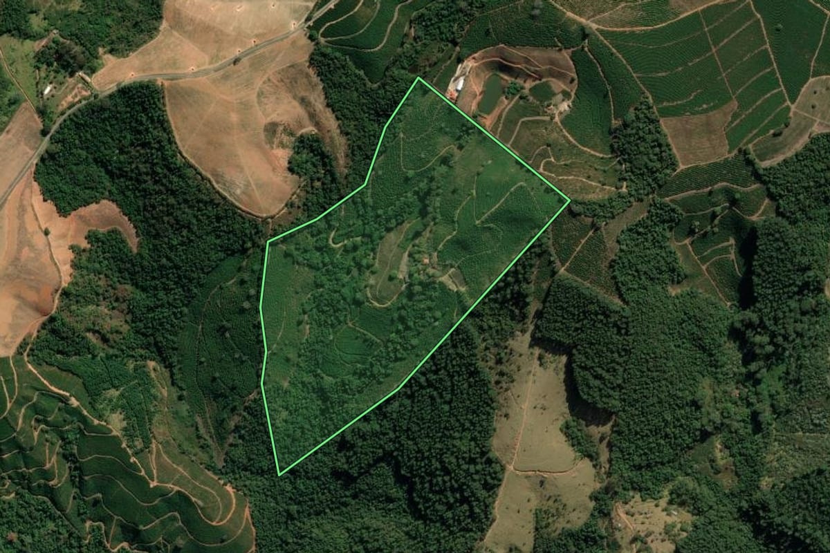 Imagem de satélite do imóvel rural em Caconde (SP), com o contorno declarado no CAR desenhado por cima.