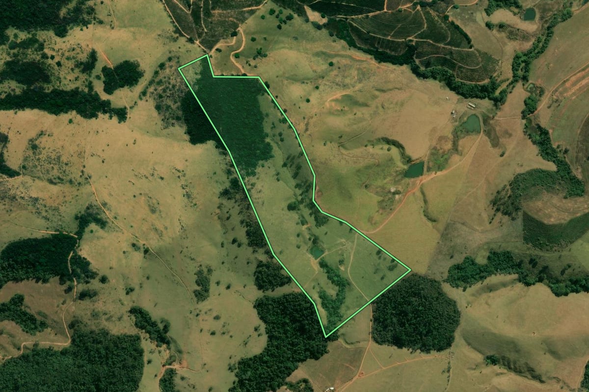 Imagem de satélite do imóvel rural em Caconde (SP), com o contorno declarado no CAR desenhado por cima.