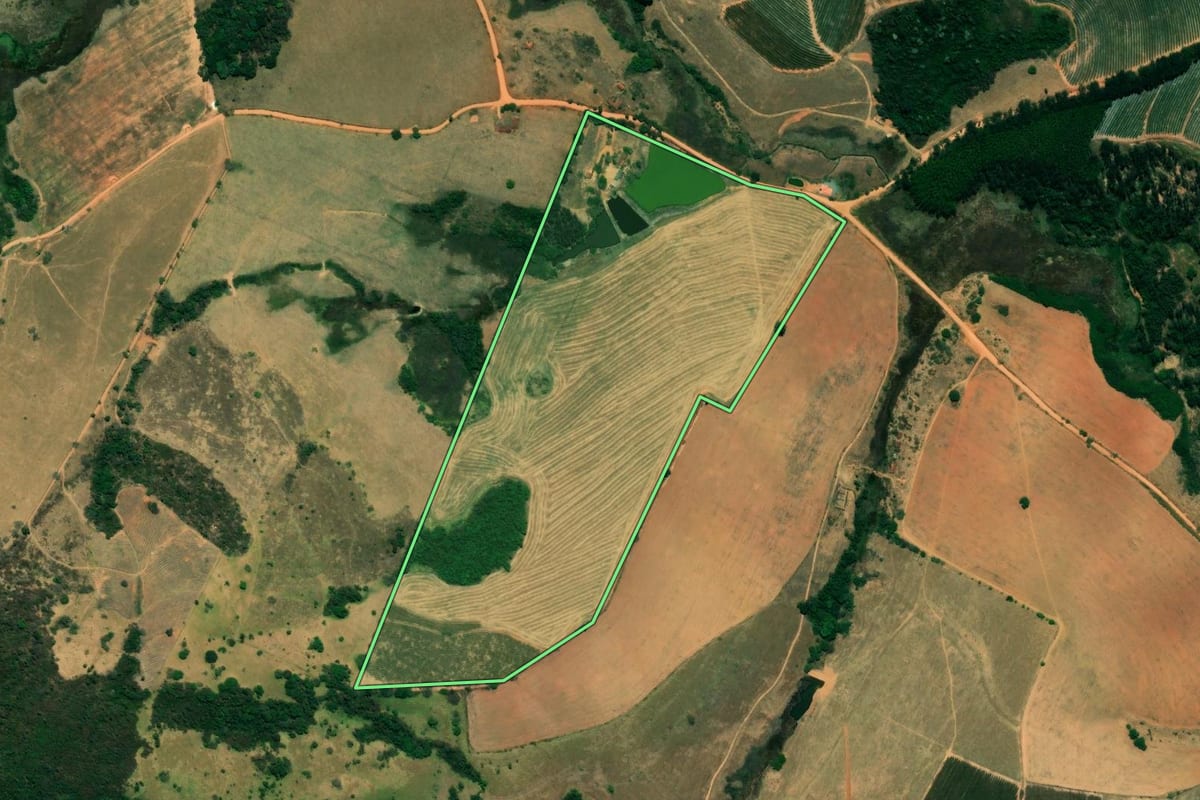 Imagem de satélite do imóvel rural em Caconde (SP), com o contorno declarado no CAR desenhado por cima.