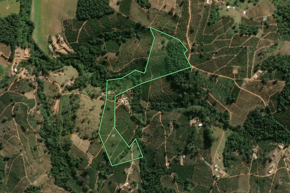 Imagem de satélite do imóvel rural em Caconde (SP), com o contorno declarado no CAR desenhado por cima.