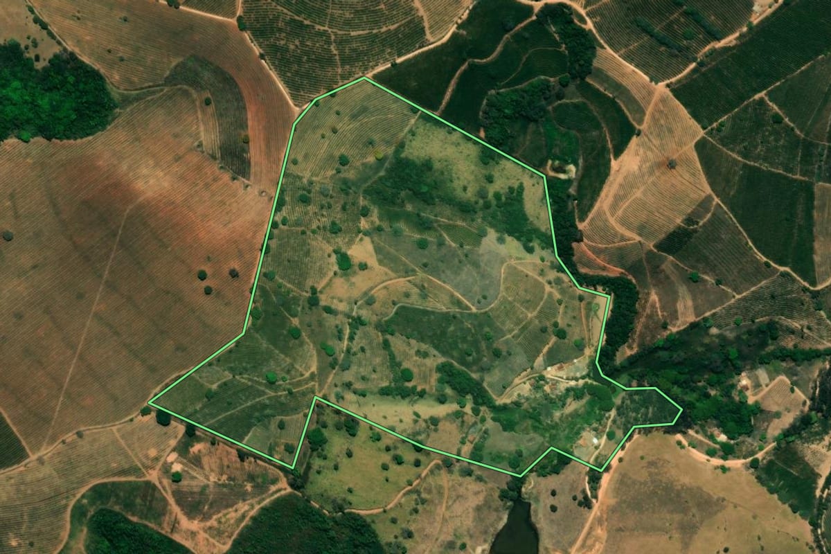 Imagem de satélite do imóvel rural em Caconde (SP), com o contorno declarado no CAR desenhado por cima.