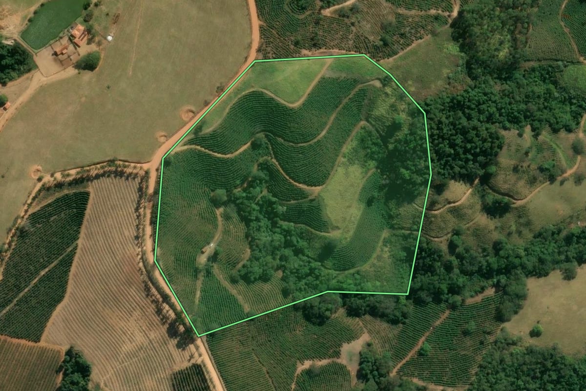 Imagem de satélite do imóvel rural em Caconde (SP), com o contorno declarado no CAR desenhado por cima.