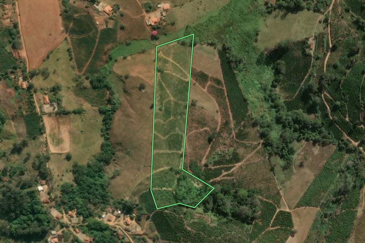Imagem de satélite do imóvel rural em Caconde (SP), com o contorno declarado no CAR desenhado por cima.