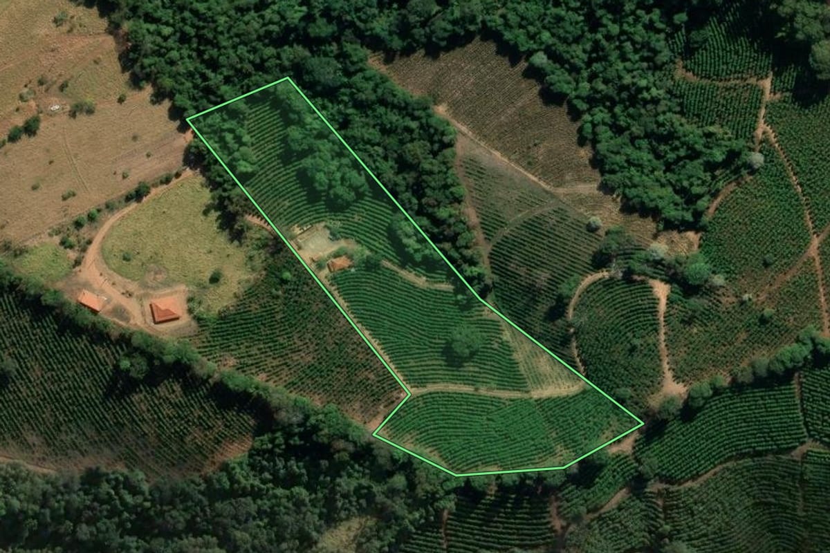 Imagem de satélite do imóvel rural em Caconde (SP), com o contorno declarado no CAR desenhado por cima.