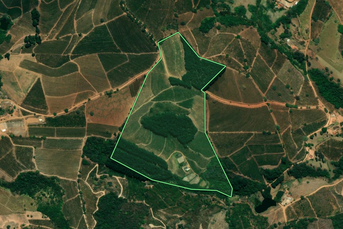 Imagem de satélite do imóvel rural em Caconde (SP), com o contorno declarado no CAR desenhado por cima.