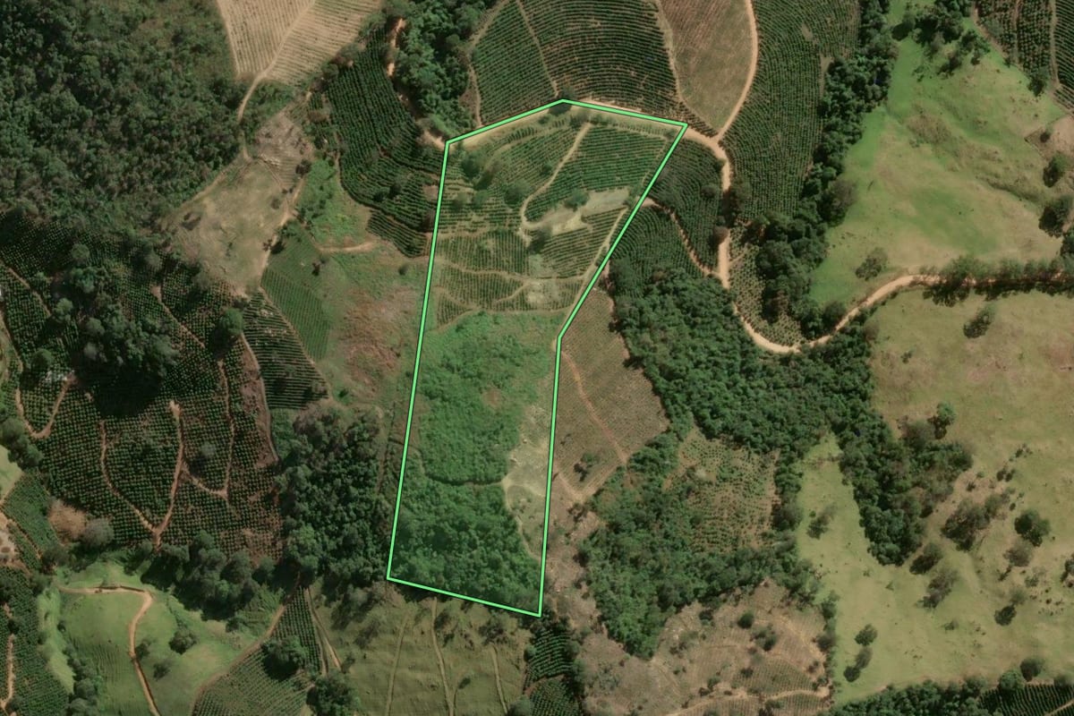Imagem de satélite do imóvel rural em Caconde (SP), com o contorno declarado no CAR desenhado por cima.