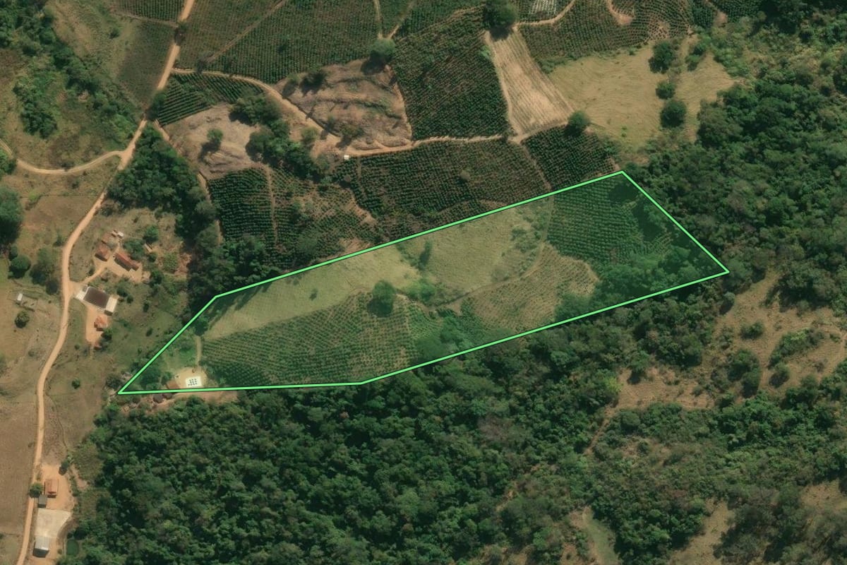 Imagem de satélite do imóvel rural em Caconde (SP), com o contorno declarado no CAR desenhado por cima.