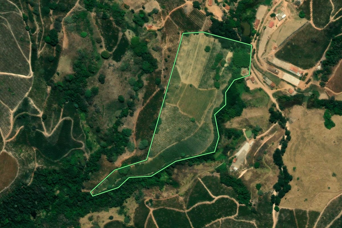 Imagem de satélite do imóvel rural em Caconde (SP), com o contorno declarado no CAR desenhado por cima.