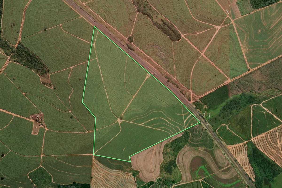 Imagem de satélite do imóvel rural em Cafelândia (SP), com o contorno declarado no CAR desenhado por cima.
