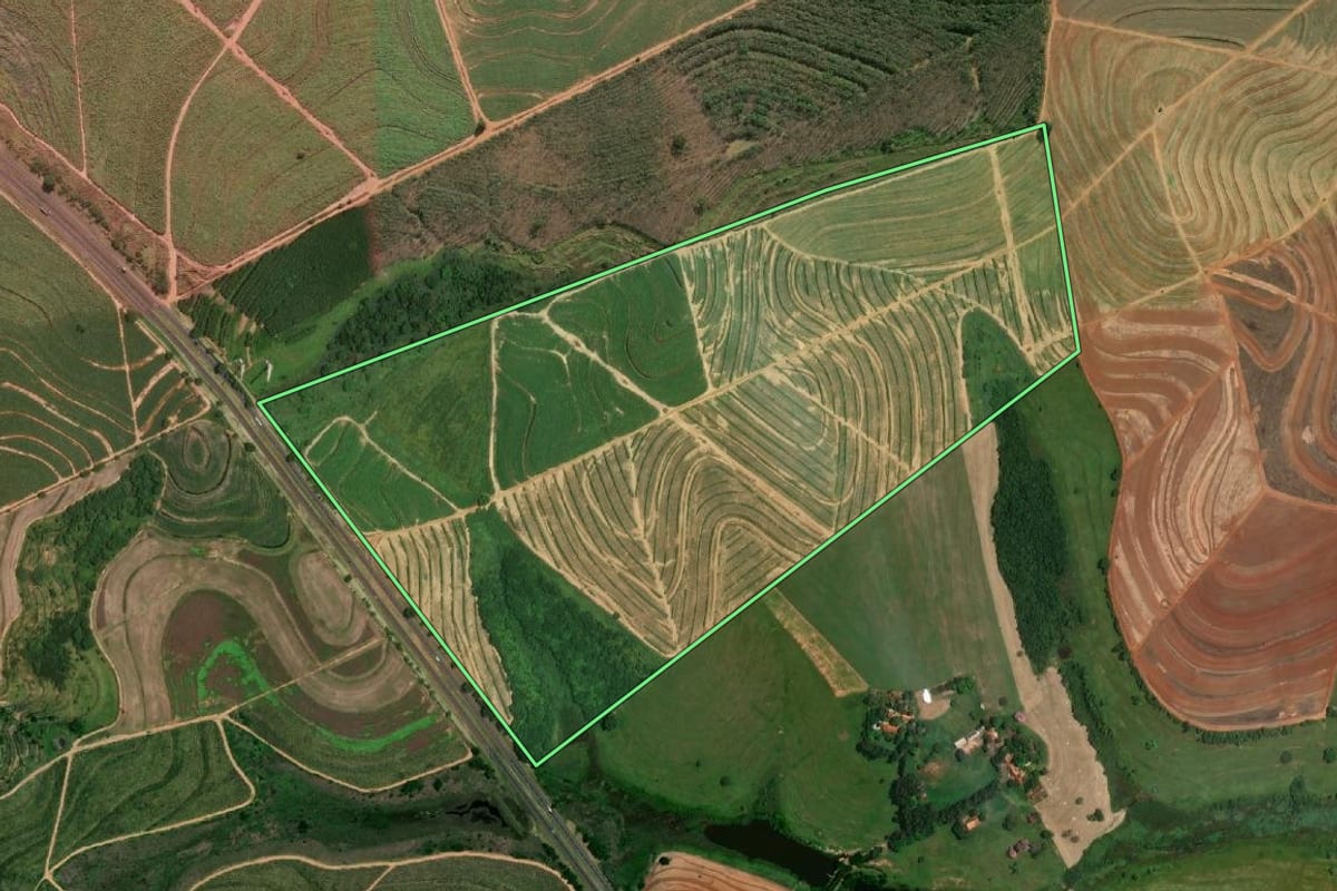 Imagem de satélite do imóvel rural em Cafelândia (SP), com o contorno declarado no CAR desenhado por cima.