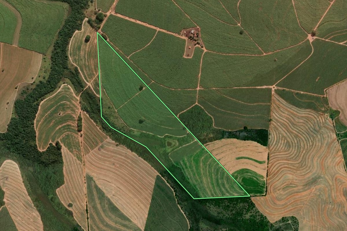 Imagem de satélite do imóvel rural em Cafelândia (SP), com o contorno declarado no CAR desenhado por cima.