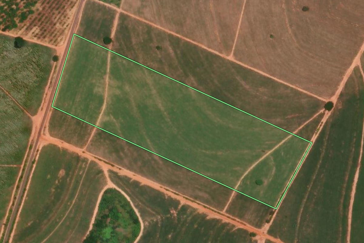 Imagem de satélite do imóvel rural em Cafelândia (SP), com o contorno declarado no CAR desenhado por cima.