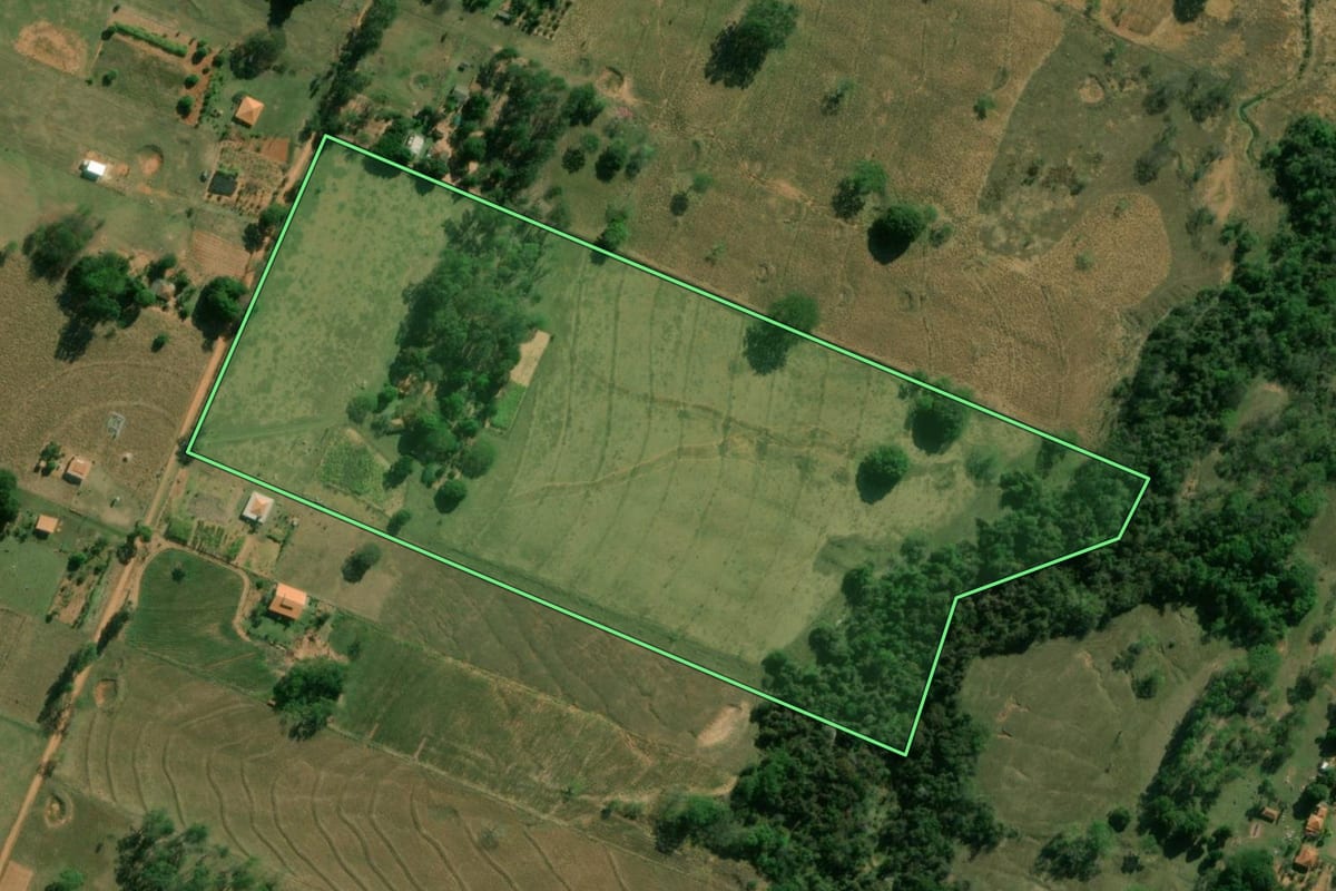 Imagem de satélite do imóvel rural em Caiabu (SP), com o contorno declarado no CAR desenhado por cima.