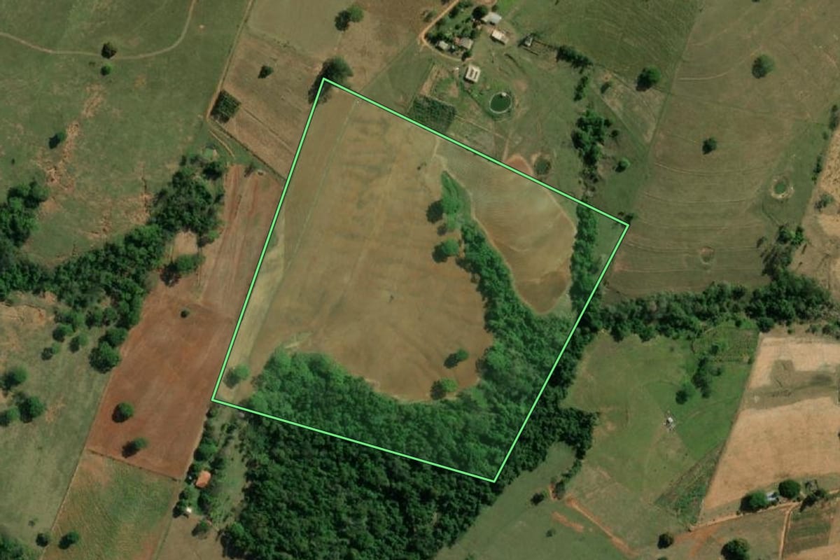 Imagem de satélite do imóvel rural em Caiabu (SP), com o contorno declarado no CAR desenhado por cima.
