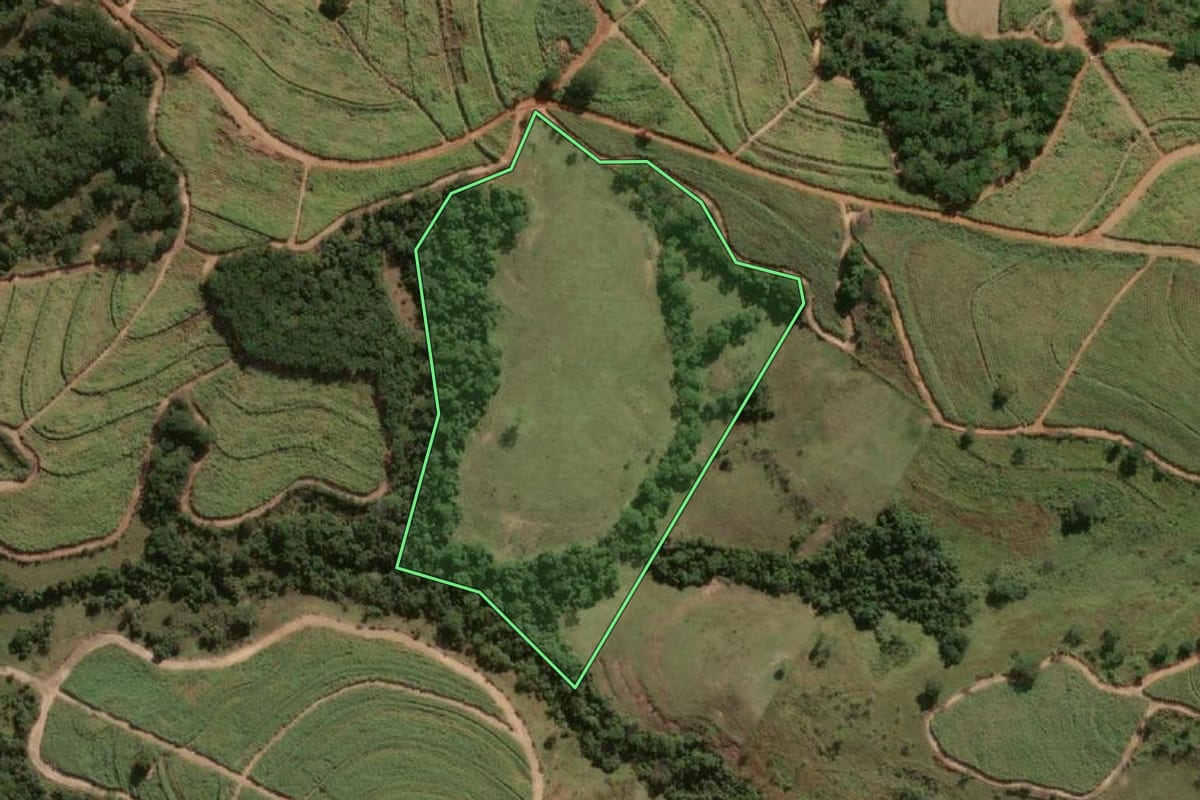 Imagem de satélite do imóvel rural em Caiabu (SP), com o contorno declarado no CAR desenhado por cima.