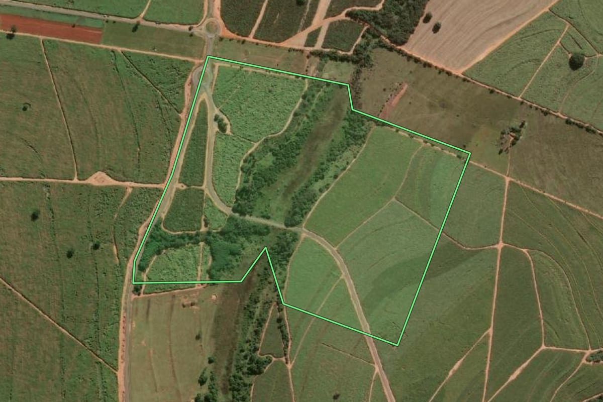Imagem de satélite do imóvel rural em Caiabu (SP), com o contorno declarado no CAR desenhado por cima.