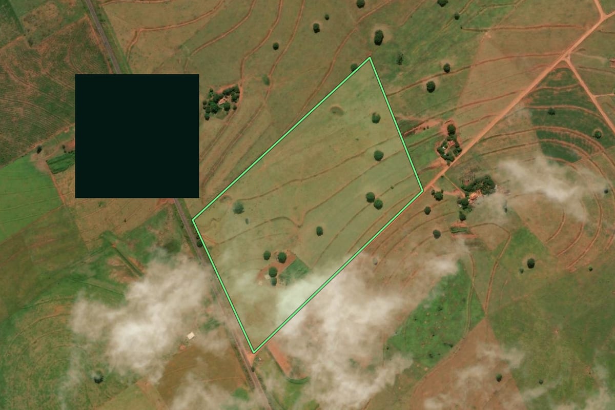 Imagem de satélite do imóvel rural em Caiuá (SP), com o contorno declarado no CAR desenhado por cima.