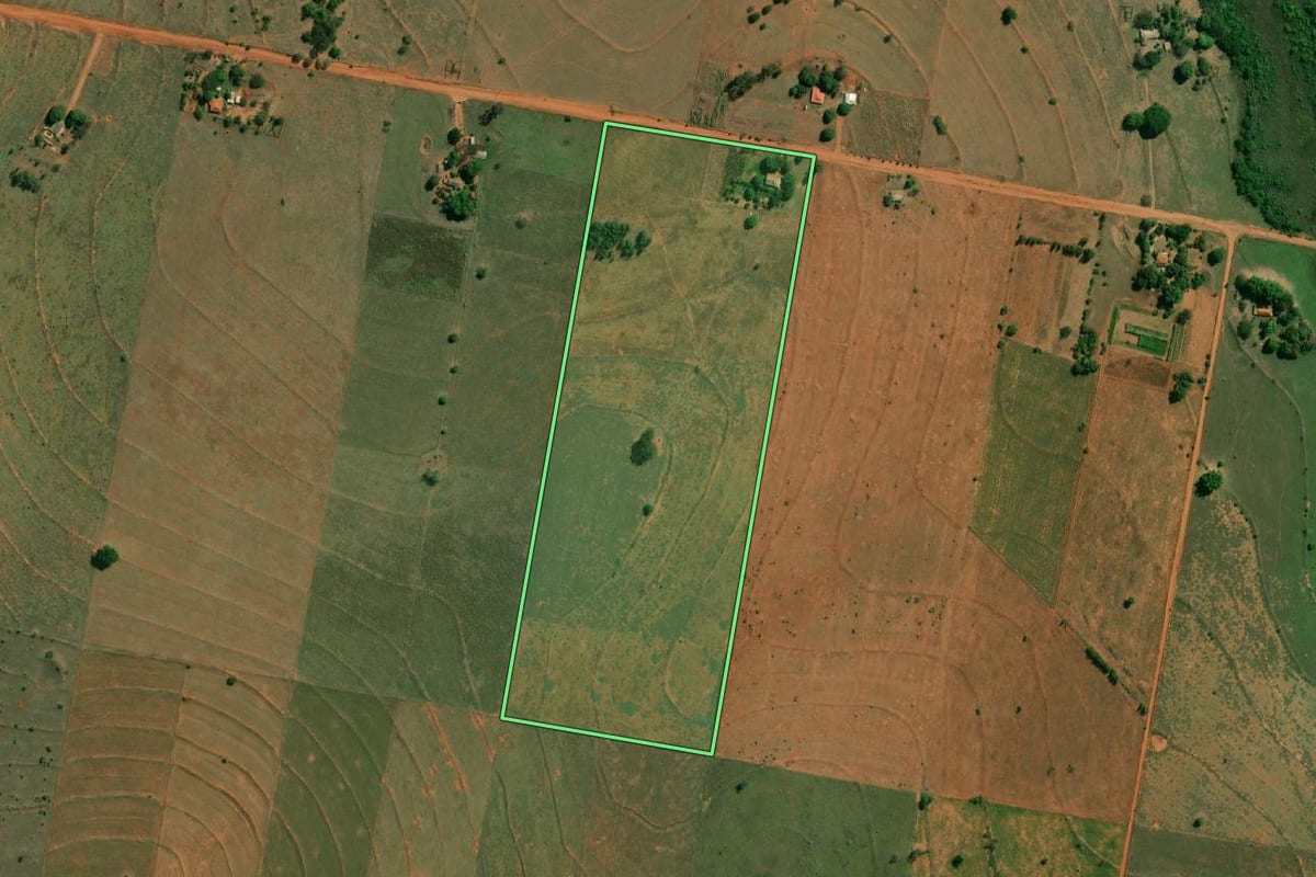 Imagem de satélite do imóvel rural em Caiuá (SP), com o contorno declarado no CAR desenhado por cima.