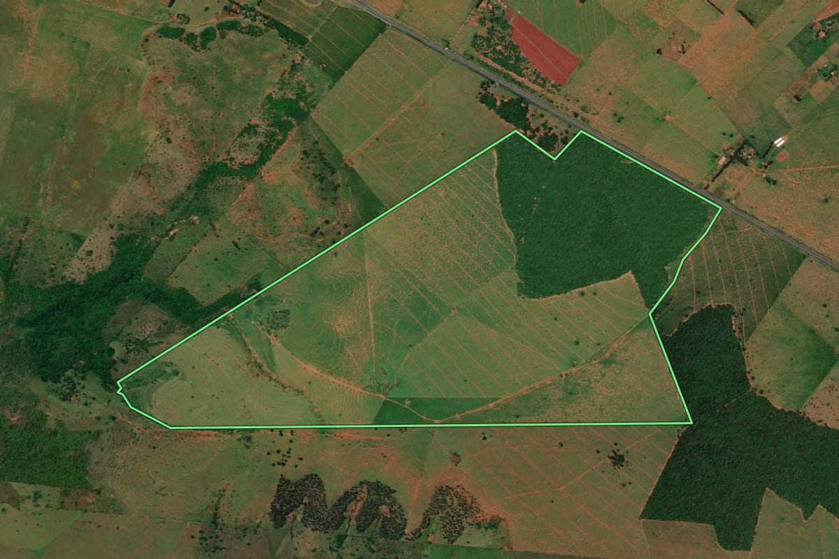 Imagem de satélite do imóvel rural em Caiuá (SP), com o contorno declarado no CAR desenhado por cima.