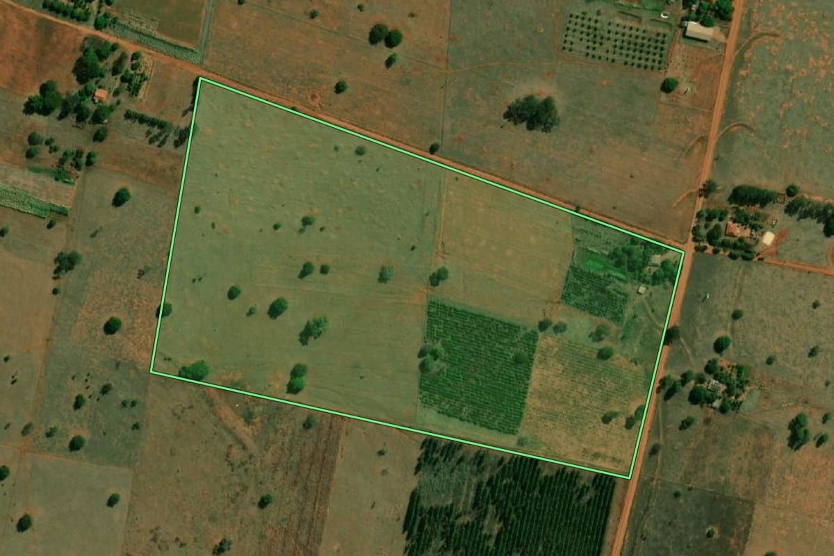Imagem de satélite do imóvel rural em Caiuá (SP), com o contorno declarado no CAR desenhado por cima.