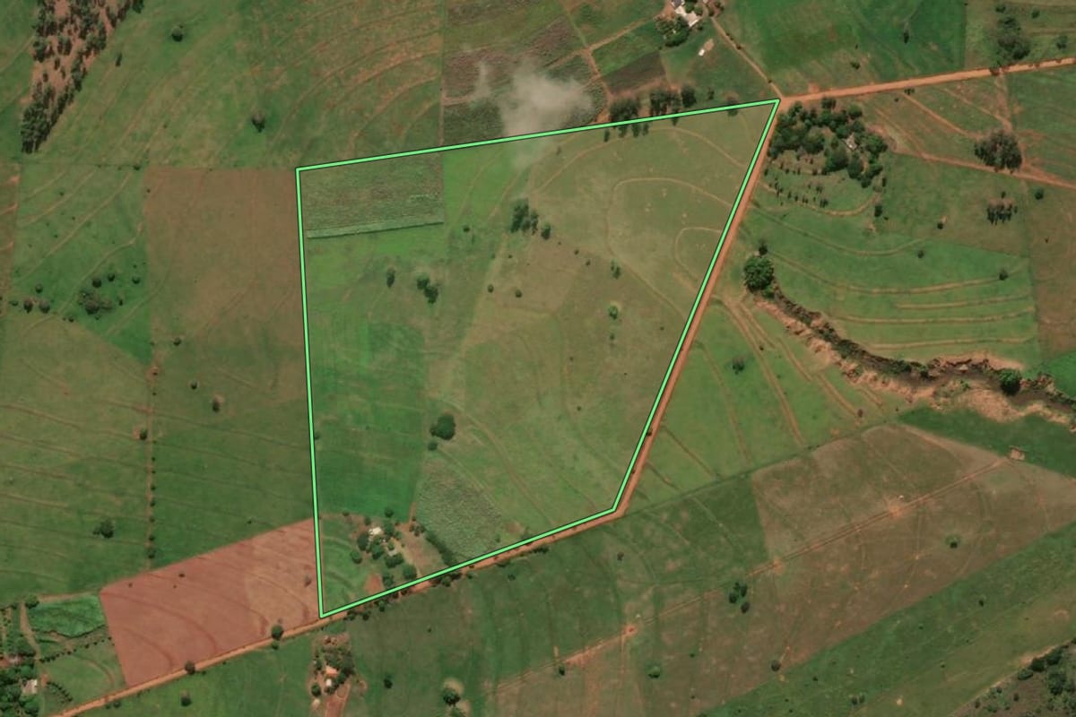 Imagem de satélite do imóvel rural em Caiuá (SP), com o contorno declarado no CAR desenhado por cima.