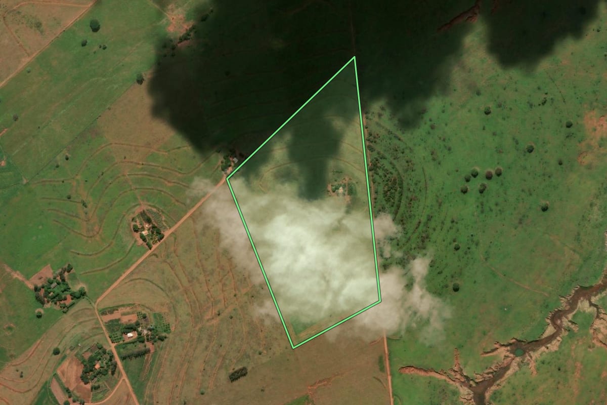 Imagem de satélite do imóvel rural em Caiuá (SP), com o contorno declarado no CAR desenhado por cima.