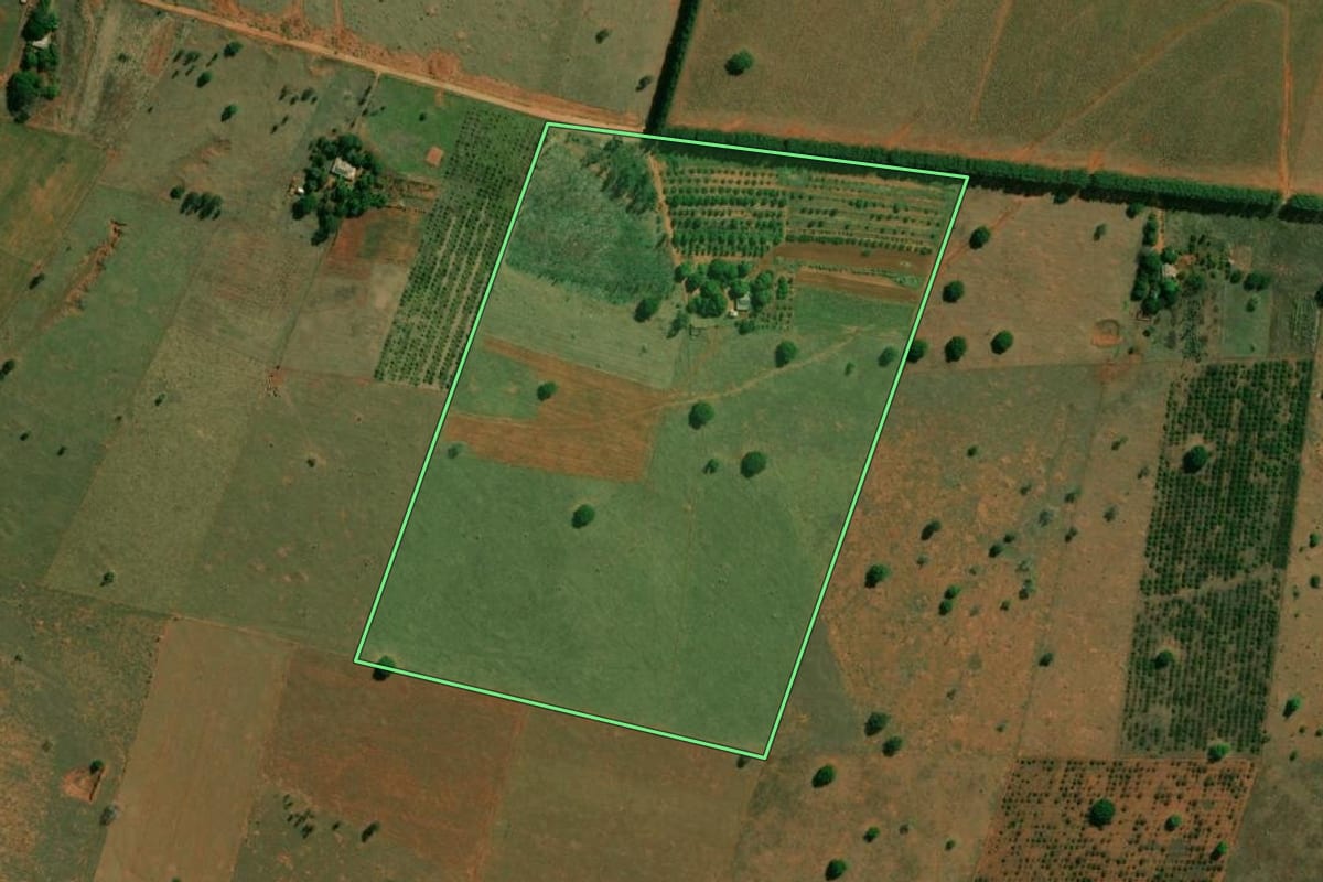 Imagem de satélite do imóvel rural em Caiuá (SP), com o contorno declarado no CAR desenhado por cima.