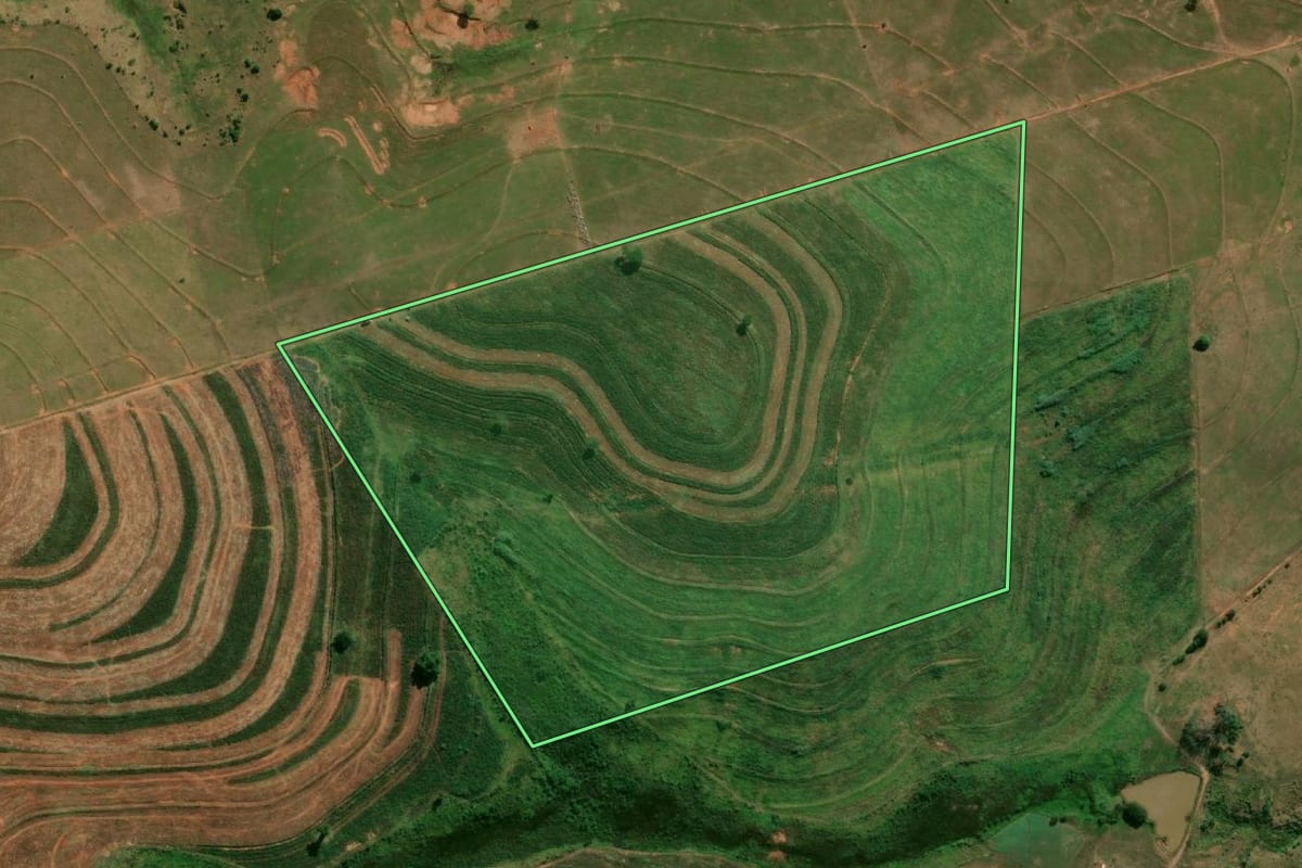 Imagem de satélite do imóvel rural em Caiuá (SP), com o contorno declarado no CAR desenhado por cima.