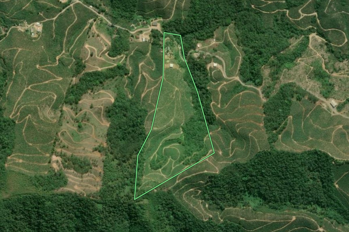 Imagem de satélite do imóvel rural em Cajati (SP), com o contorno declarado no CAR desenhado por cima.