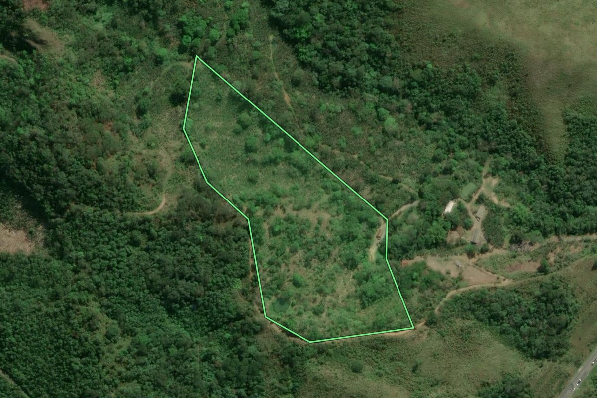 Imagem de satélite do imóvel rural em Cajati (SP), com o contorno declarado no CAR desenhado por cima.
