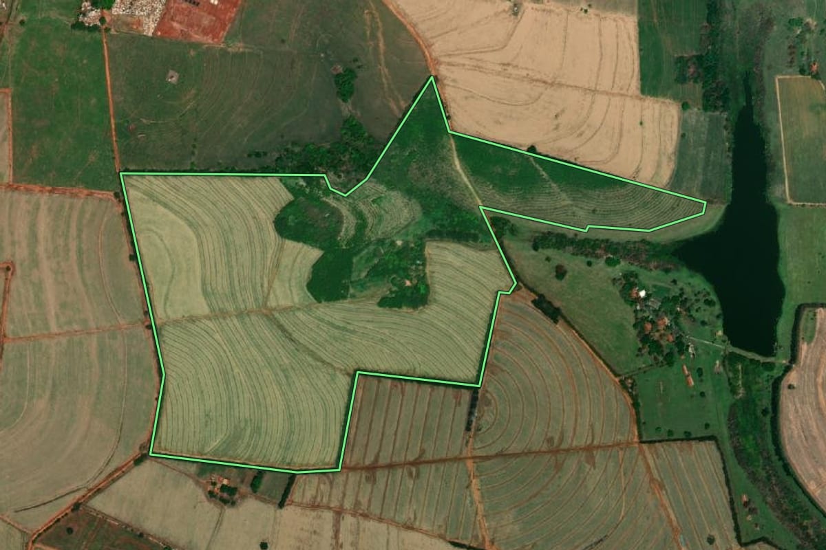 Imagem de satélite do imóvel rural em Cajobi (SP), com o contorno declarado no CAR desenhado por cima.
