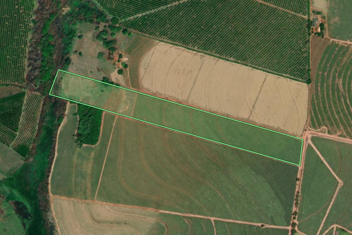 Imagem de satélite do imóvel rural em Cajobi (SP), com o contorno declarado no CAR desenhado por cima.