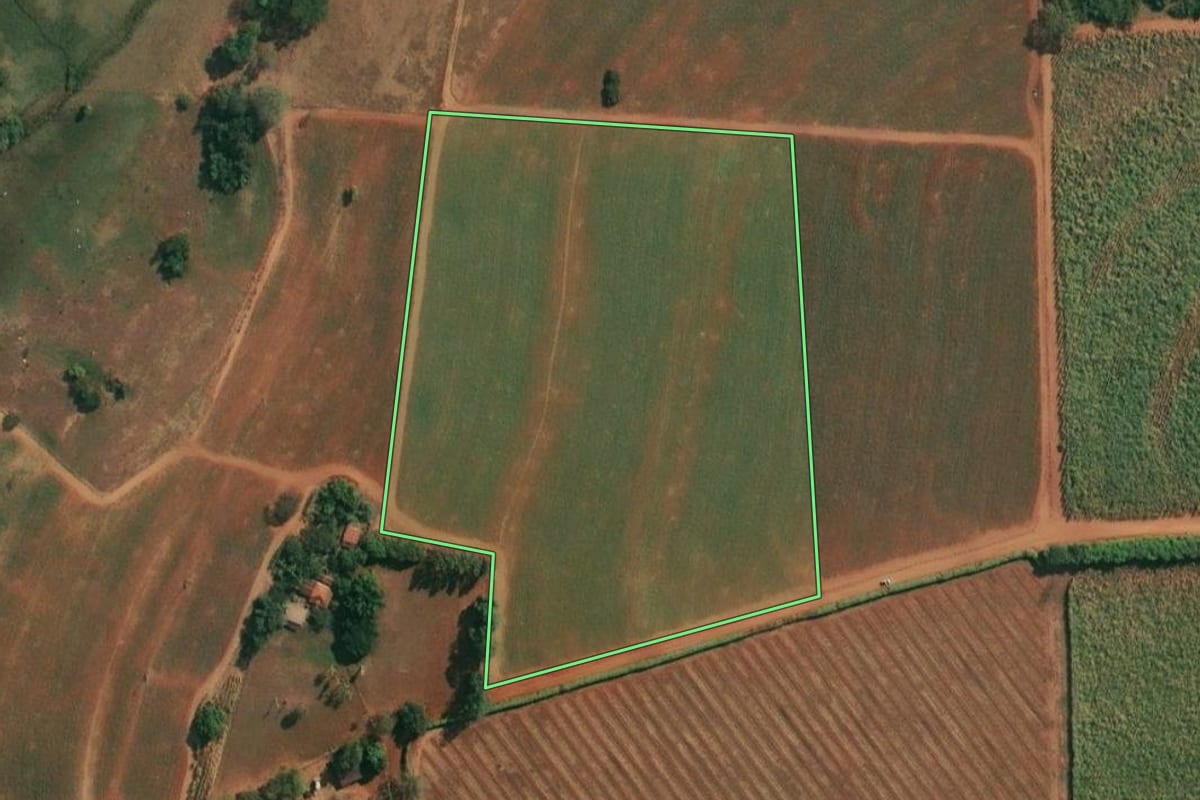Imagem de satélite do imóvel rural em Cajobi (SP), com o contorno declarado no CAR desenhado por cima.