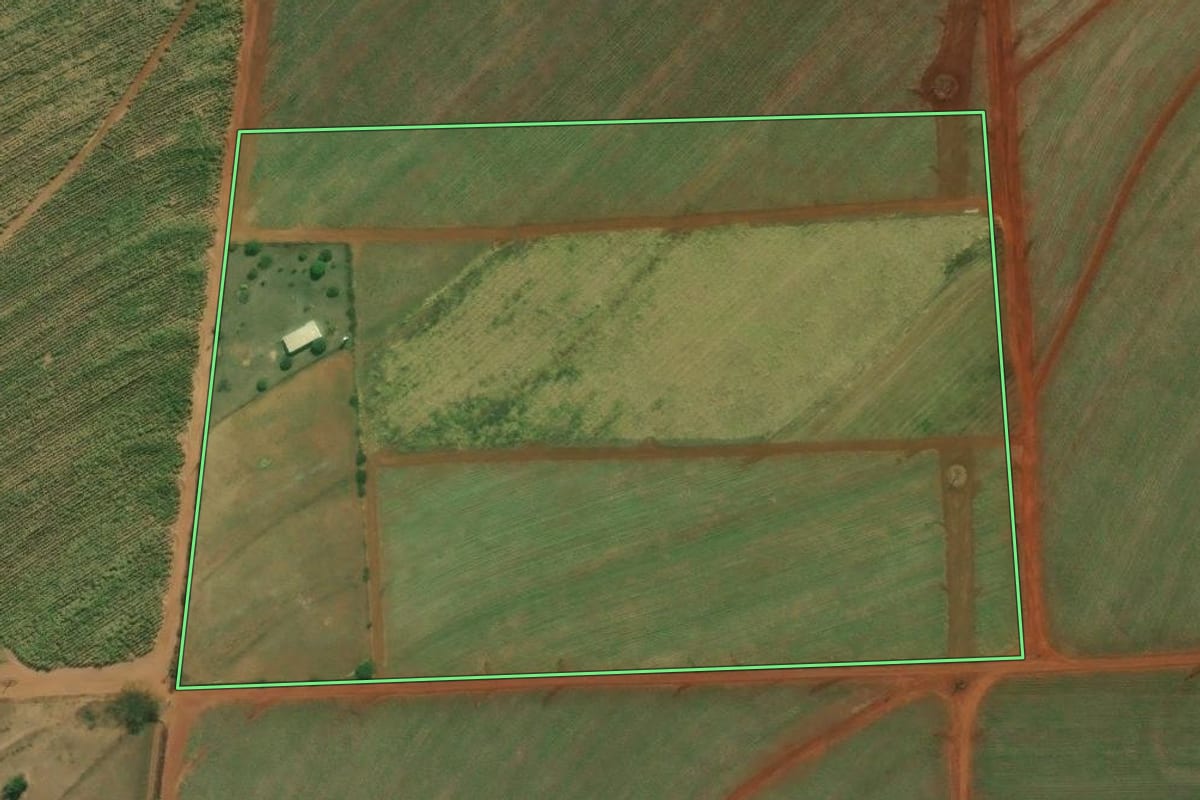 Imagem de satélite do imóvel rural em Cajuru (SP), com o contorno declarado no CAR desenhado por cima.