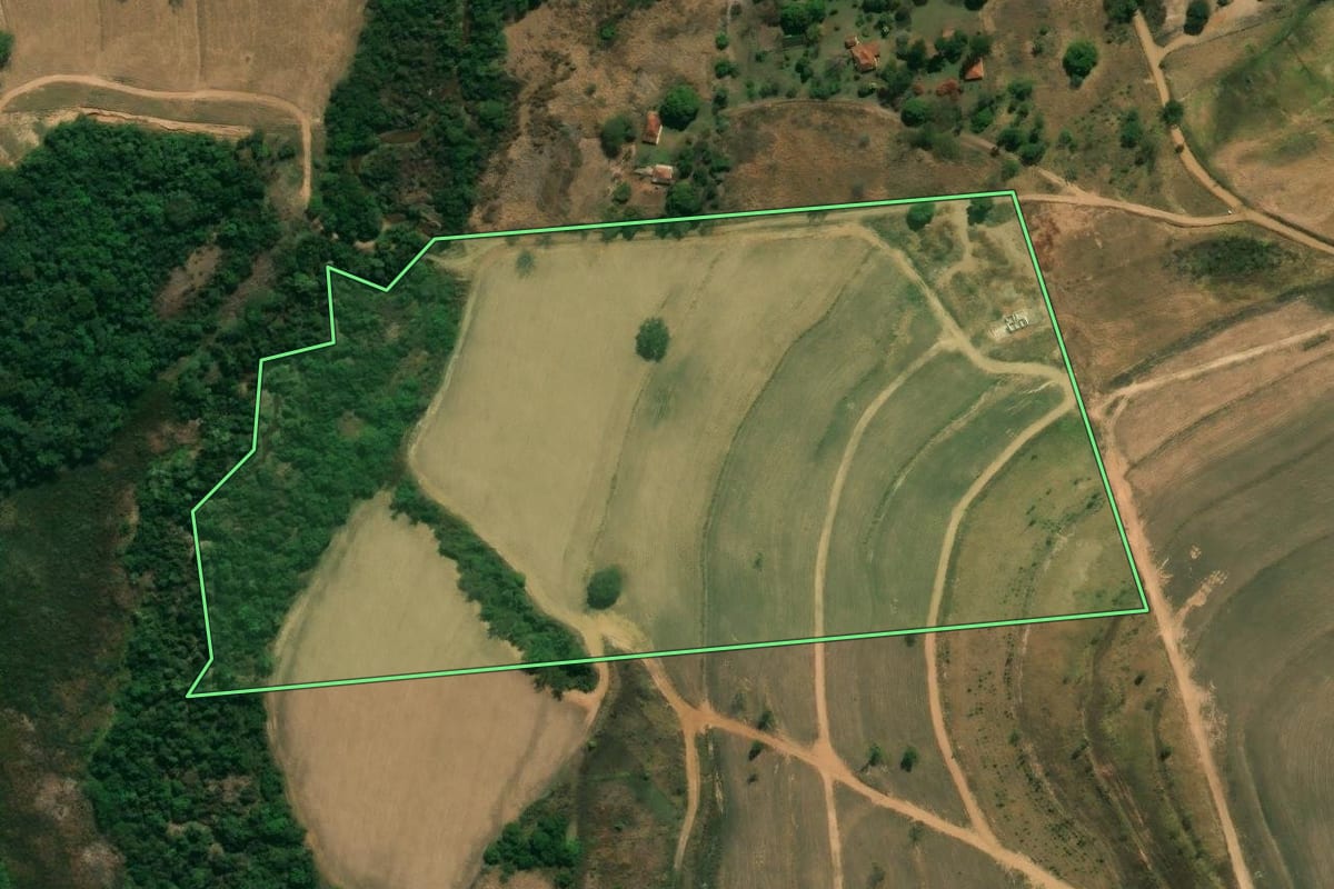 Imagem de satélite do imóvel rural em Cajuru (SP), com o contorno declarado no CAR desenhado por cima.