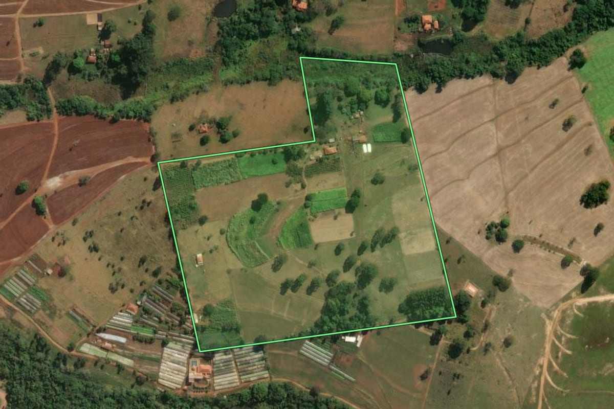 Imagem de satélite do imóvel rural em Cajuru (SP), com o contorno declarado no CAR desenhado por cima.