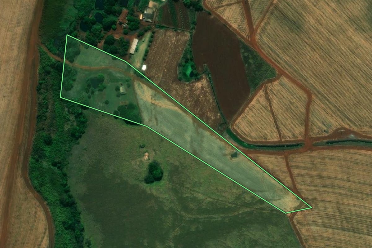 Imagem de satélite do imóvel rural em Cajuru (SP), com o contorno declarado no CAR desenhado por cima.