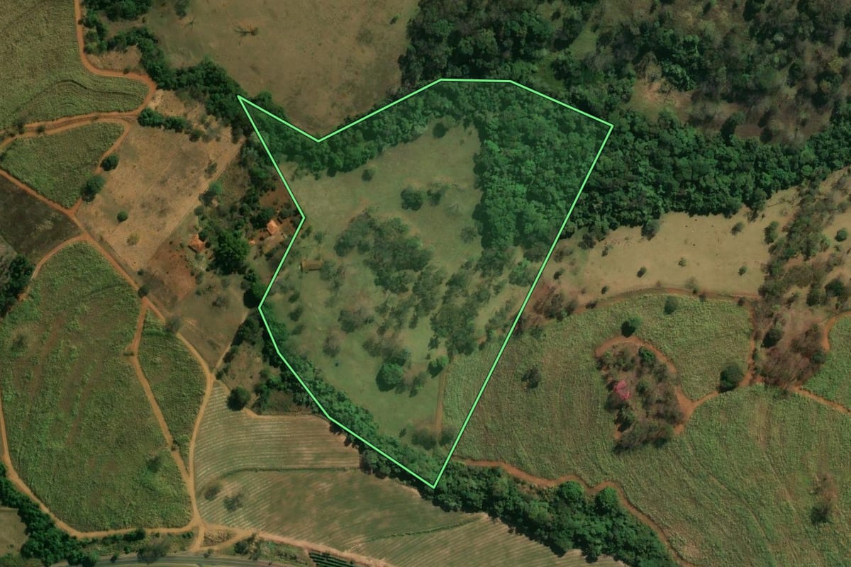 Imagem de satélite do imóvel rural em Cajuru (SP), com o contorno declarado no CAR desenhado por cima.